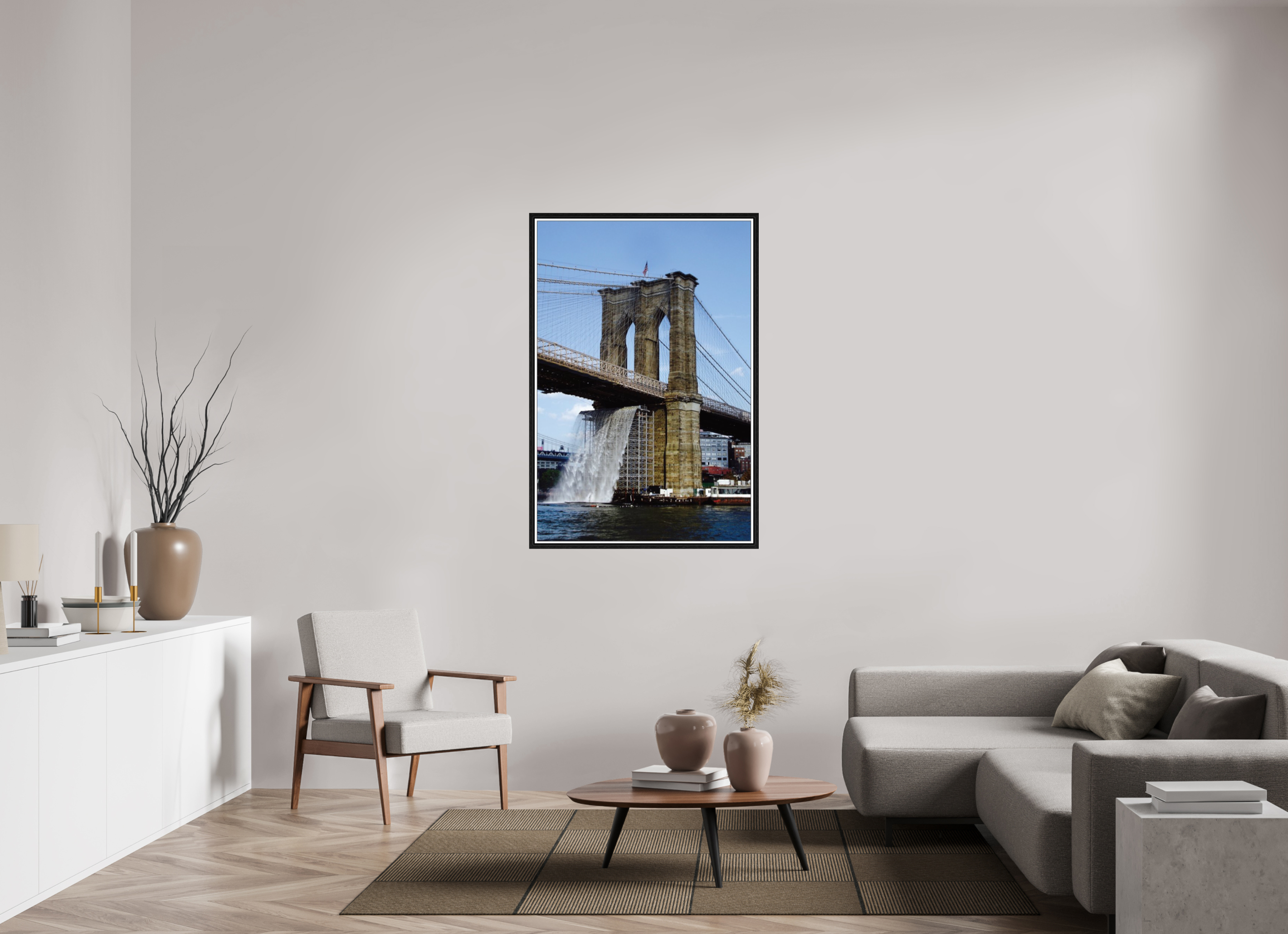 35 x 52″, Floater Frame Waterfall Brooklyn Bridge