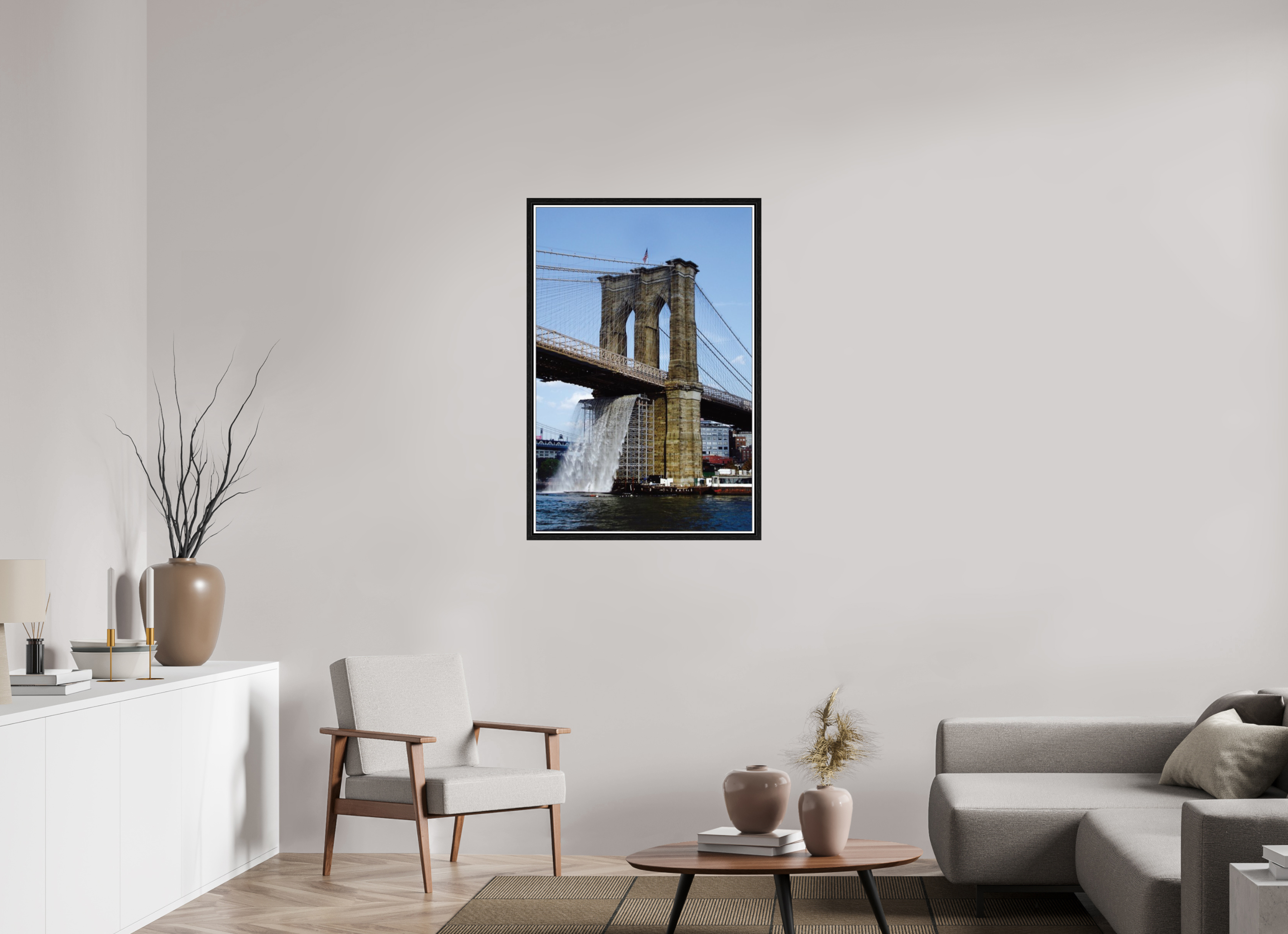 28 x 41.6″, Floater Frame Waterfall Brooklyn Bridge