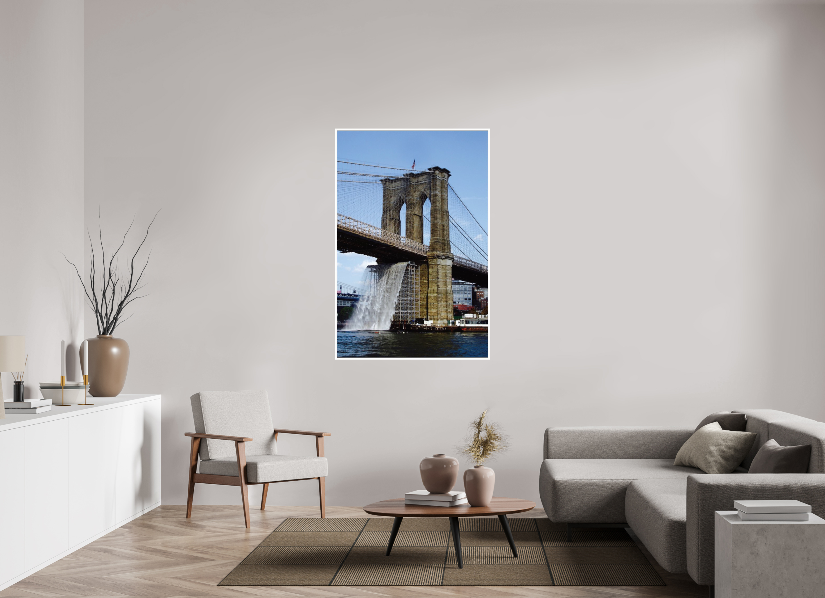 39 x 58″, Photo Print Under Acrylic Glass Waterfall Brooklyn Bridge
