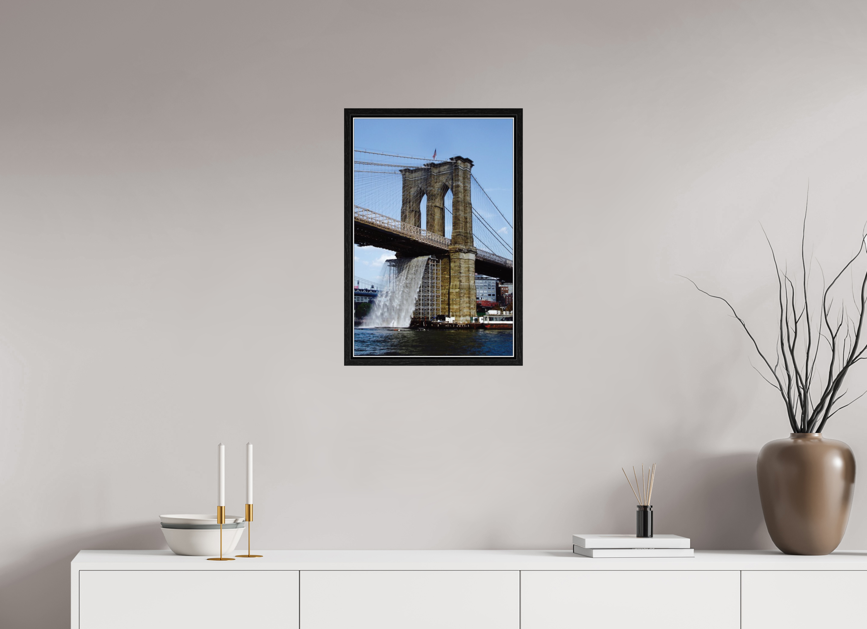 16 x 23.8″, Floater Frame Waterfall Brooklyn Bridge