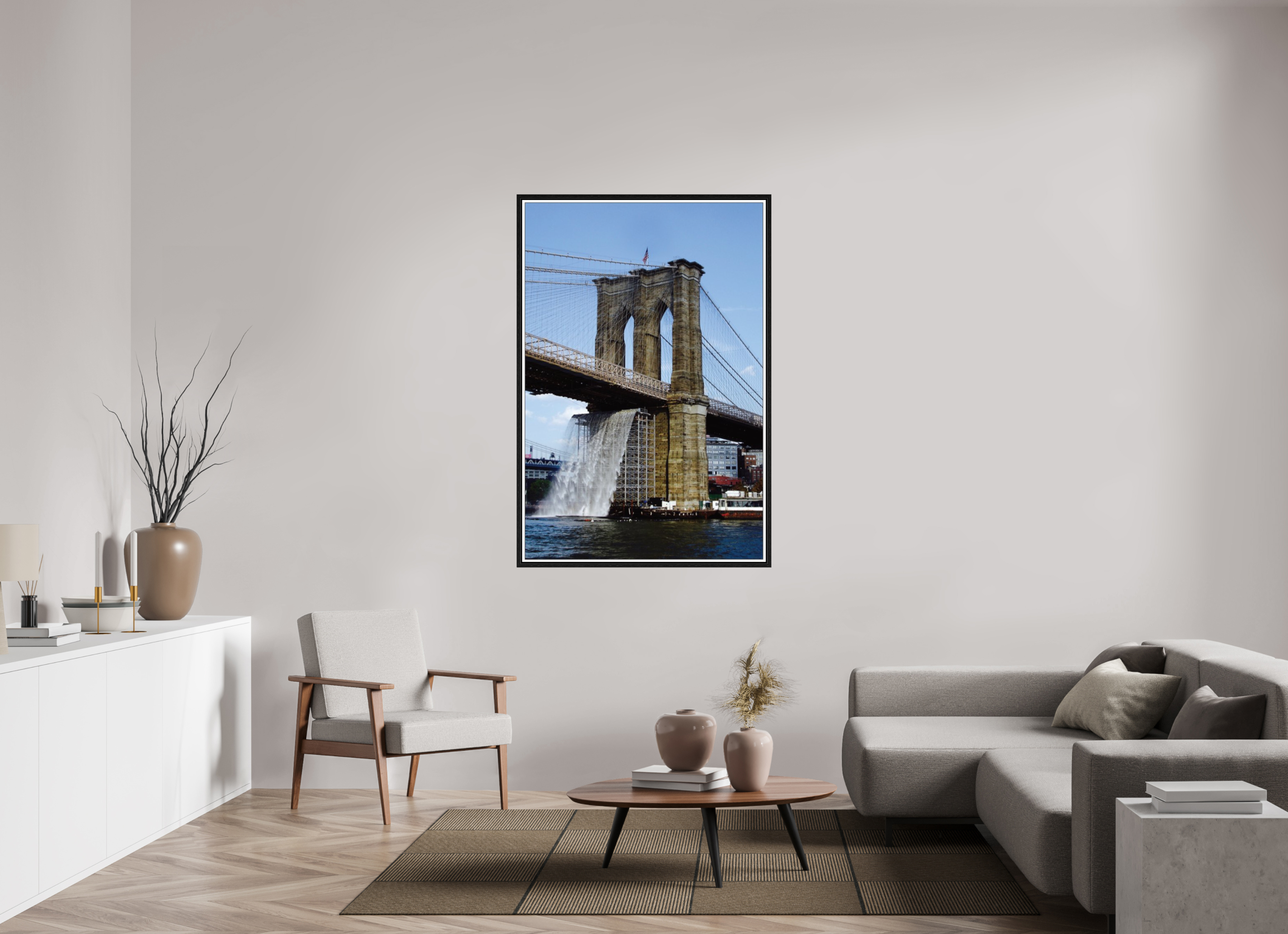 39 x 58″, Floater Frame Waterfall Brooklyn Bridge