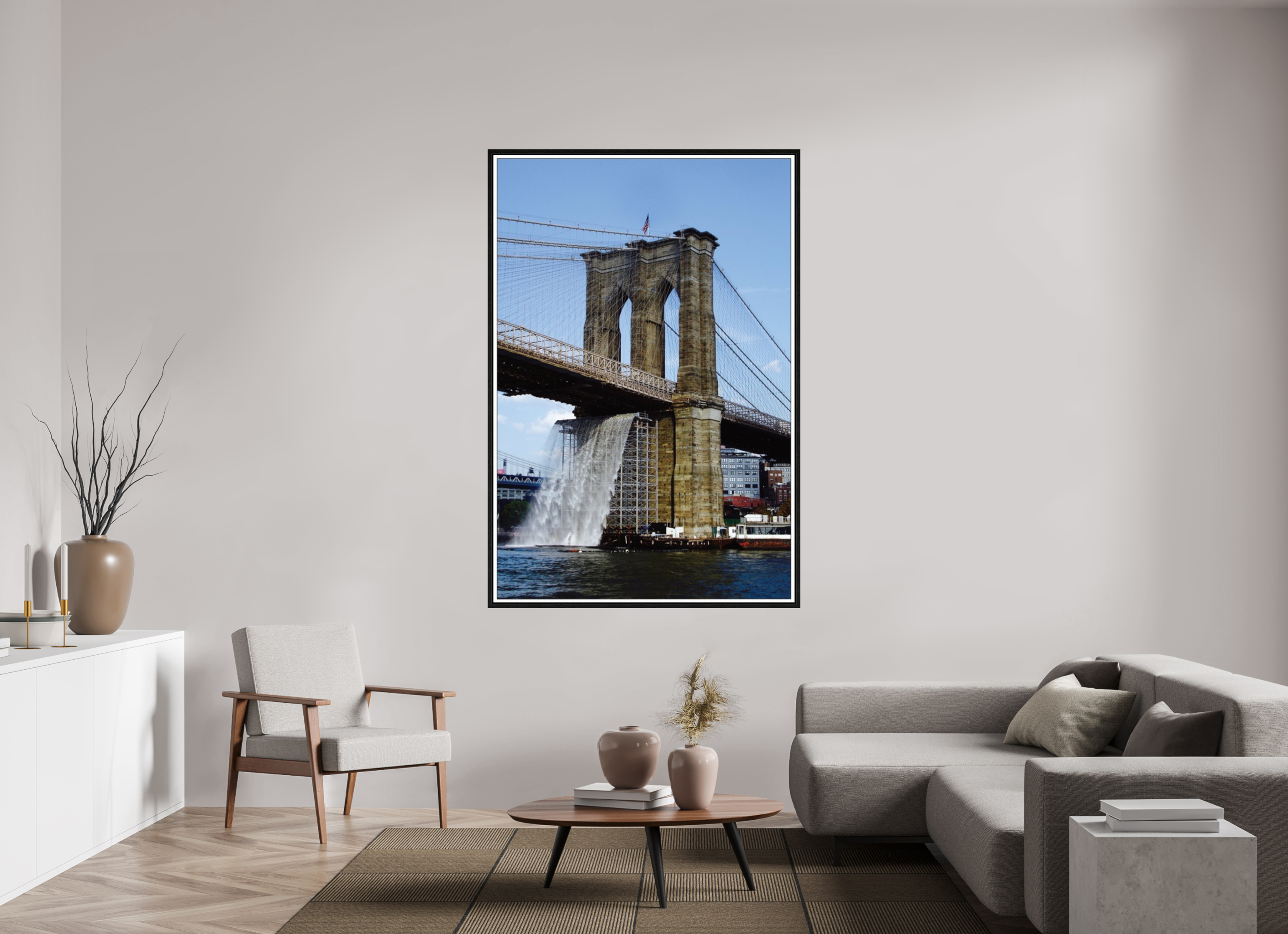 47 x 69.8″, Floater Frame Waterfall Brooklyn Bridge